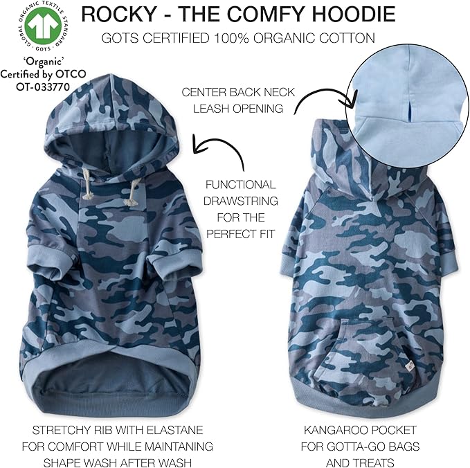 Rocky – The Orginal Lightweight Hooded TEE 100% Organic Cotton Dog Hoodie Pet Coat Sweater for Small, Medium, Large Dogs, Navy Camo, Large