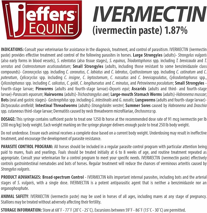 Jeffers Ivermectin Gel Dewormer for Horses - Apple Flavored, 1.87% Broad Spectrum Dewormer Paste - Effective Parasite Control for Worms, Pinworms, Bots & More - Safe for Equine of All Ages- (1 Pack)