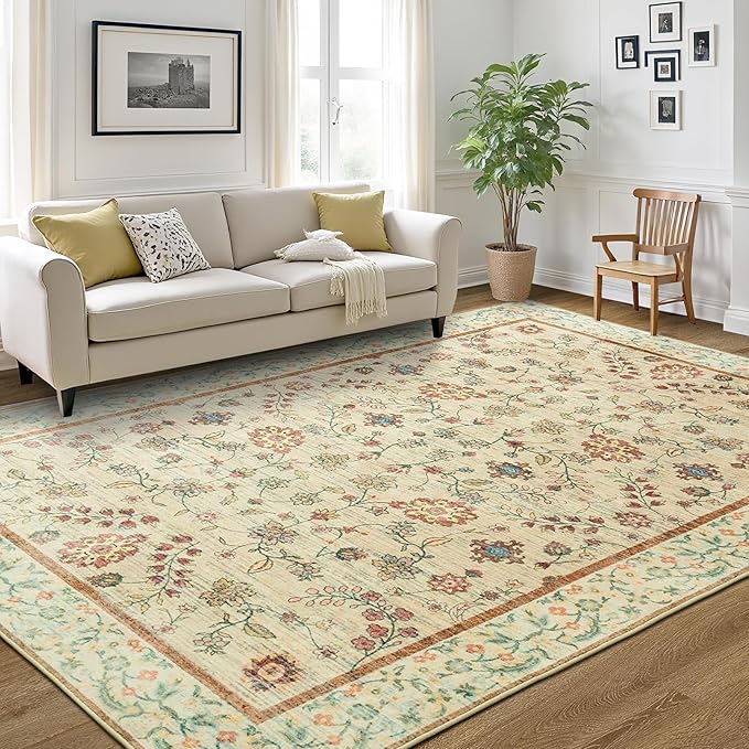 LOCHAS Washable Area Rugs 6x9, Beige Floral Rug for Living Room Bedroom Non Slip, Ultra Soft Vintage Indoor Carpet for Kids, Nursery, Dorm, Dining Room, Classroom, Boho Flower Home Decor, Low-Pile