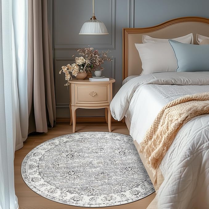 jinchan Round Rug 6ft Area Rugs Vintage Floral Distressed Design - Machine Washable Non-Slip Low-Pile Ultra-Thin Circle Rug for Entryway Bedside Living Room Dining Room Bedroom (6' Round,Grey)