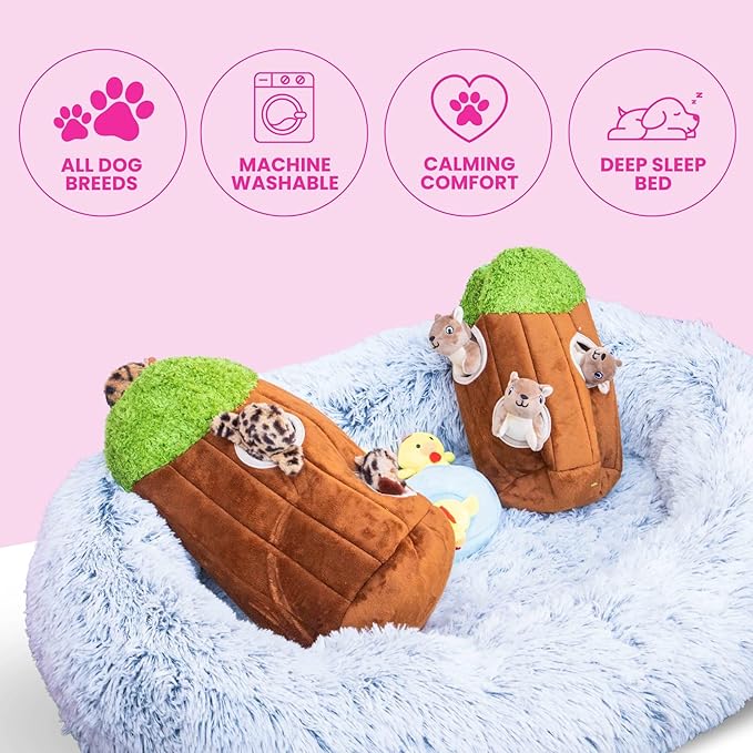 Glow Pups Dog Bed Ultra-Soft Faux Fur Calming Comfort, Memory Foam, Nesting Bolster, Removable Fur Cover, Non-Slip Base, Machine Washable, Deep Sleep Bed, Light Grey (35.4 X 25.6 X 7.9)