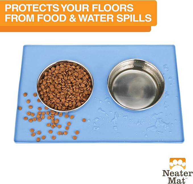 Neater Pet Brands Neater Mat Pet Mats for Food and Water, Cat & Dog Bowl Mat Waterproof Silicone, Feeding Tray, Dog Food Mats for Floors, Placemat w/Raised Edge for Under Bowls, 24" x 16", Light Blue