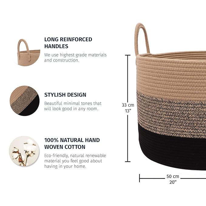 OrganiHaus Woven Laundry Basket, Large Cotton Rope Blanket Holder with Handles, Soft & Sturdy Nursery Hamper, Decorative Toy Bin for Living Room Organization 20x13 inches - Brown/Black
