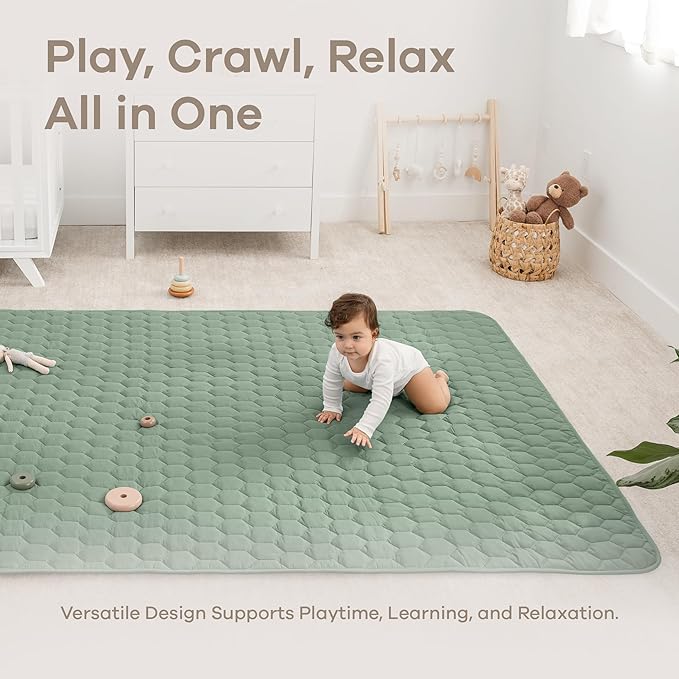 Comfy Cubs Rectangle Kids Play Mat - Large 60 x 96 inches Soft Quilted Baby Floor Mat with Non-Slip Bottom - Plush Design for Toddlers' Playtime and Relaxation - Comfortable and Durable - Fern