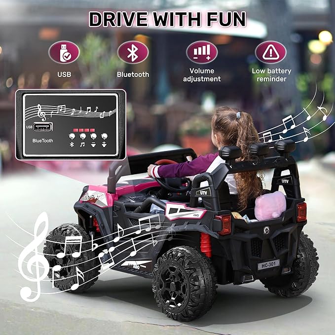 ANPABO 24V 4X4 Ride on Car Truck w/Remote Control, 4WD/2WD Switchable Kids UTV, 19" Spacious Seat, 4 Shock Absorbers, Soft Start, Music Player, Electric Car for Kids Ages 3+(Pink)