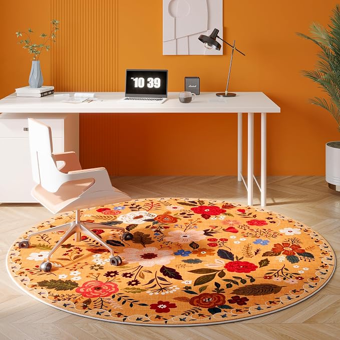 Rugcomf Round Rug 6ft Washable Circle Rug Non Slip Low Pile Boho Floral Small