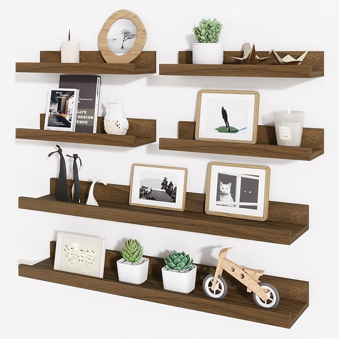 Axeman Picture Ledge Shelf, Floating Shelves for Wall Decor Storage Set of 6, 24 inch Floating Wall Mounted Shelves, Wall Shelves with Lip for Living Room, Bedroom, Nursery, Bathroom, Kitchen, Walnut
