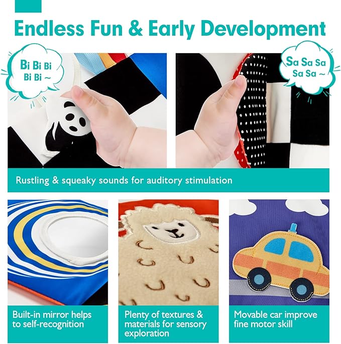 hahaland Baby Toys 0-6 Months - High Contrast Newborn Toys - Baby Tummy Time Books 0-6 Months with Crinkle, Squeaky Sounds, Touch Feel, Visual Stimulation