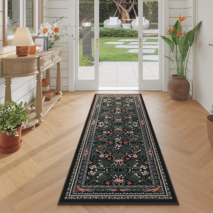 Runner Rug for Kitchen Rug Non Slip 2'x6' Washable Rugs with Rubber Backing Soft Vintage Floral Botanical Carpet Runner for Kitchen, Laundry, Bedroom, Bathroom, Black
