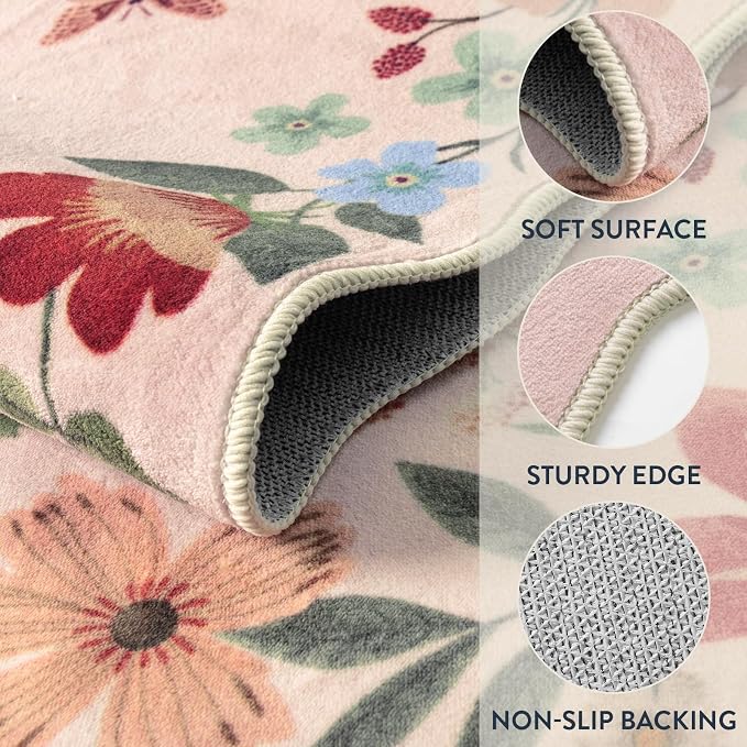Lahome Floral Pink Rugs for Entryway, 2X3 Washable Kitchen Rug Non Slip