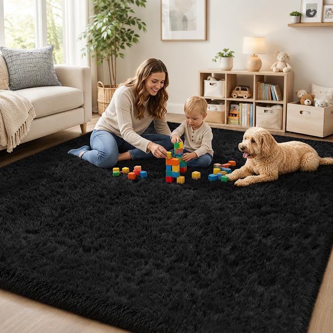 Area Rug for Living Room Bedroom: 6x9 Black Soft Fluffy Shag Upgrade Non-Slip