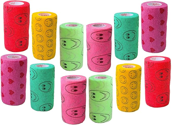 3 Inch Vet Wrap Tape Bulk (Smile Pattern in Yellow, Red, Teal, Neon Green, Neon Pink and Pink with Red Heart Pattern) (Pack of 24) Self Adhesive Adherent Adhering Flex Bandage Grip Roll Dog Cat