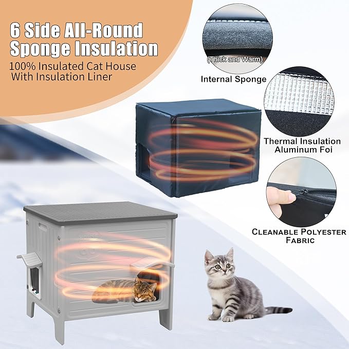 Cat House for Outdoor with Insulated Liner Weatherproof Cat Shelter, Plastic Cat House Easy to Assemble Cable for 1-4 Cats (Winter-Ready)