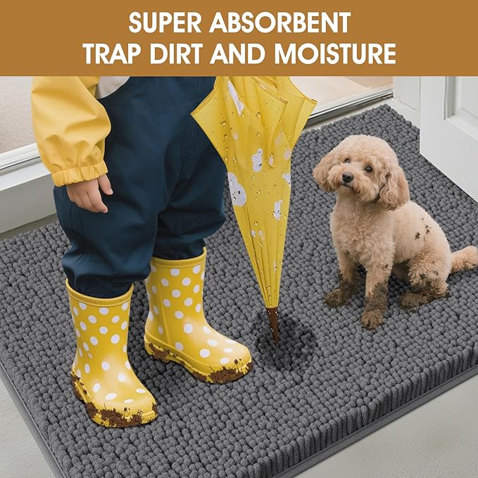 IM HOME 4 Pieces Muddy Door Mats for Dogs, Chenille Absorbent Pet Mats, Quick Dry, Trap Dirt Non Slip Heavy Indoor Doormat Soft Dog Bed Mat Front Inside Door Mat for Indoor Outdoor Entrance,Grey