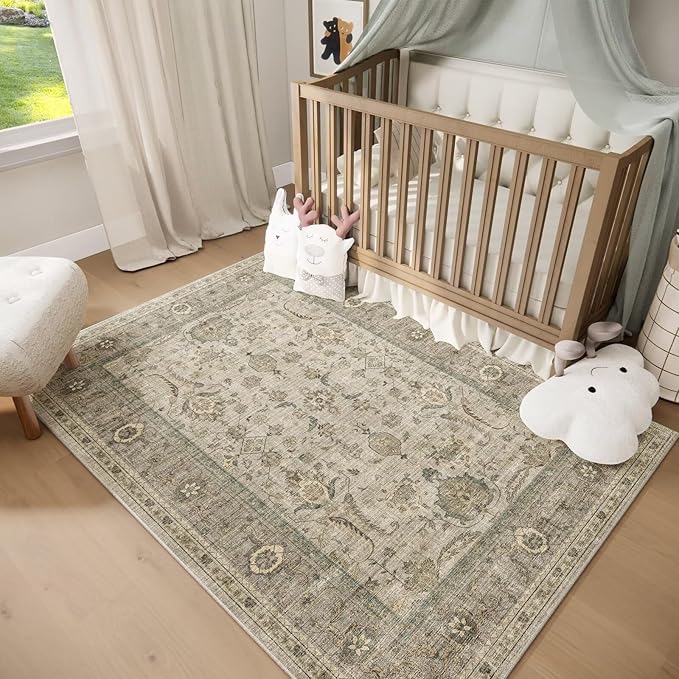 Washable 3x5 Entryway Rug Indoor, Boho Non-Slip Silicone Backing Small Rugs for Kitchen Nursery Office Bedroom, 0.3" Neutral Oriental Throw Carpet with 0.16" Cushioning Pad, Light Brown/Multi