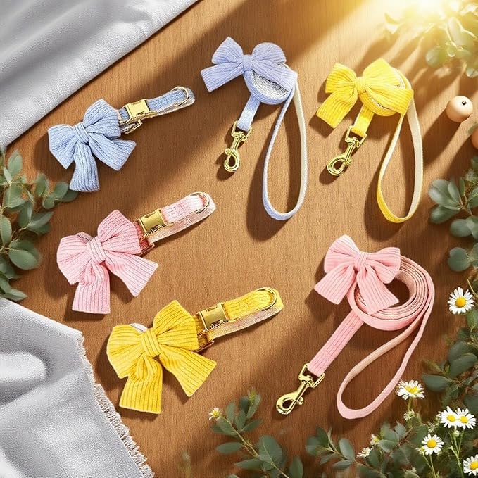 Dog Collar and Leash Set with Bowtie, Girl Dog Collars Metal Buckle Adjustable for Small Medium Dogs (Yellow, M: Neck 13"-22" Leash 5 FT)
