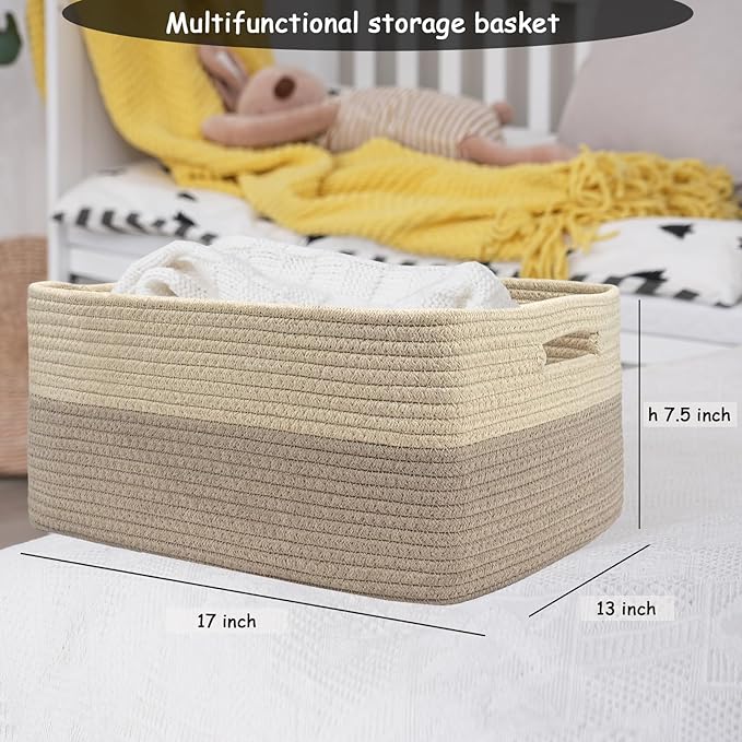 COMFY-HOMI Cotton Rope Woven Basket with Handles for Shelves,Toys,Book, Cloth Storage Baskets for Organizing-17" x 13" x 7.5" Toy Decorative Organizer for Living Room, Bathroom （Beige brown）