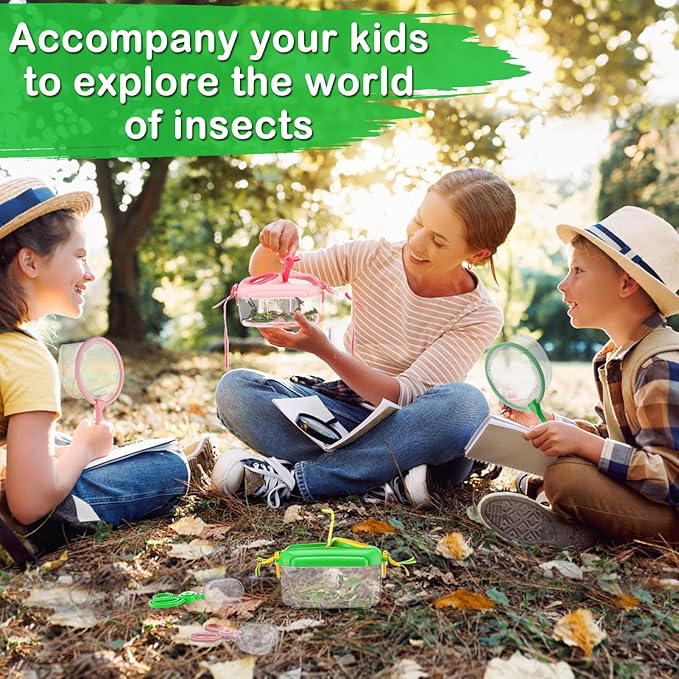 2Sets Bug Catcher for Kids - Sturdy Kids Bug Catching Kit Gifts with Collector Butterfly Net Tweezer, Bugs Habitat Outdoor Explorer Kit for Age 3 4 5 6 7 8, 8Pcs, Green & Pink