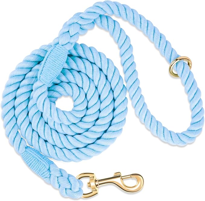 Dog Leash 6 FT Handmade Braided Cotton Rope Leashes for Small Medium and Large Dogs, New Golden Heavy Duty Metal Clasp, Light Blue