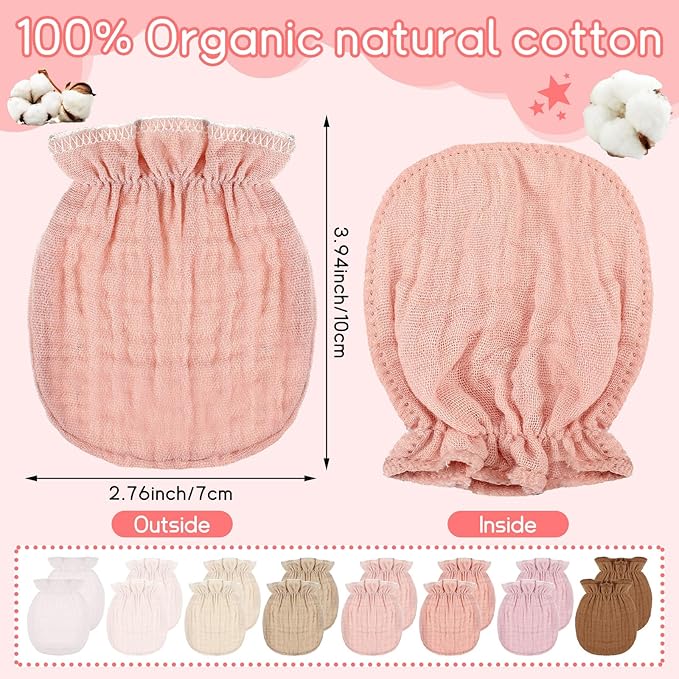 8 Pairs Newborn Baby Muslin Mittens 0-6 Months No Scratch Elastic Wrist Soft Breathable Gloves Bulk Cotton for Infant