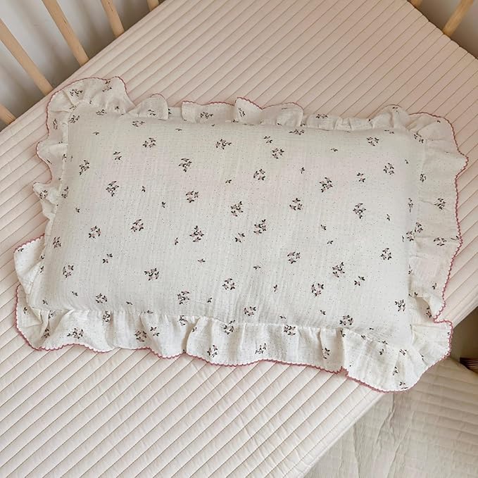 BuLuTu Cotton Muslin Kids Toddler Pillowcase with Ruffles, Chic Shabby Floral Pillow Cases, Girls Pillow Covers Fit 12"x16"/13"x18"/14"x19" Kids Pillow, Envelope Closure, Primrose Pattern, 1 Pack