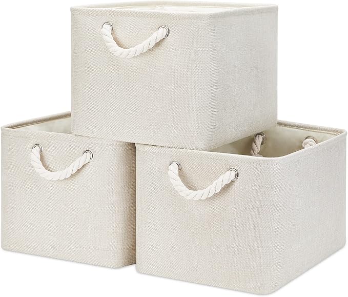 Bidtakay Baskets Collapsible Large Toy Storage Baskets for Organizing Set of 3 Closet Organizer Linen Cream Storage Bins 15 X 11 X 9.5 Inch Shelf Organizer Bins for Nursery Storage (Light Beige)