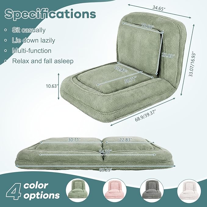 Human Dog Bed for Adults & Pets, 5-Position Adjustable Floor Chair, Convertible Lazy Sofa Bed with Metal Frame & 2 Pillows, Plush Gaming Lounge for Living Room Bedroom Office (Green)