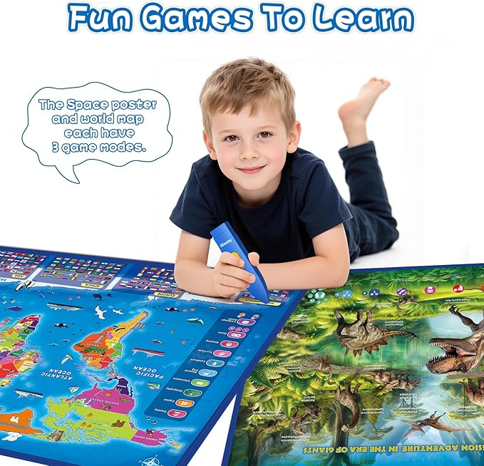 Bilingual Interactive Kids Talking World Map & Dinosaur Poster for Kids Learning and Educational Toys, Talking Educational Toys for 3 to 12 Years Old Girls/Boys, Preschool Learning Chart