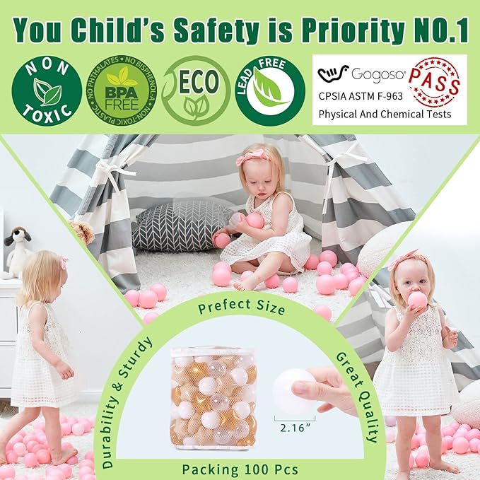 GOGOSO Ball Pit Balls with Starballs 100 - Crushproof Plasticballs for Babies Toddlers Kids Children for 1 2 3 4 5 Years Old,5 Colors,2.15inches, Beige Gold White Clear