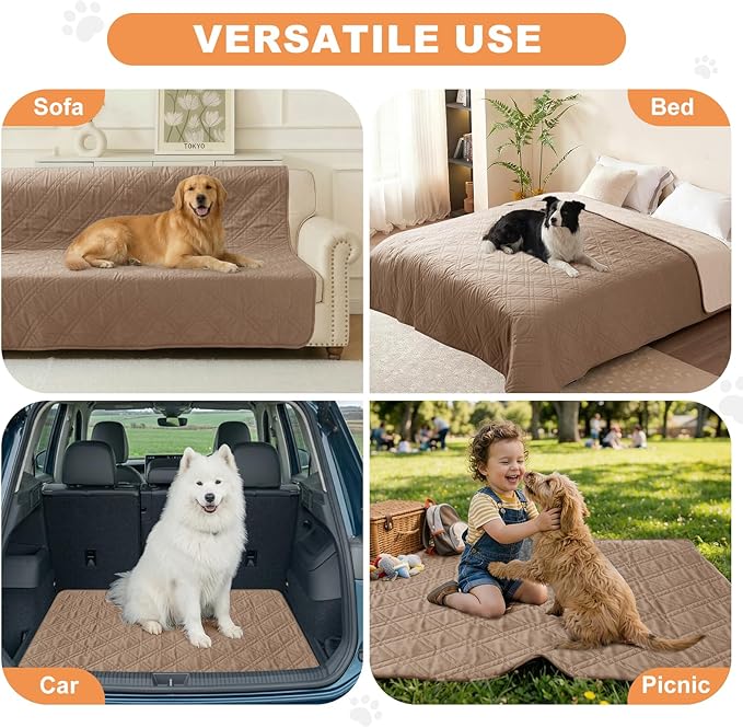 100% Waterproof Dog Couch Protector, Triple-Layer Waterproof Dog Bed Cover Pet Blanket Reversible 2-Tone Sofa Shield, Non-Slip Furniture Guard for Pets(68×82 Inch, Taupe+Apricot)