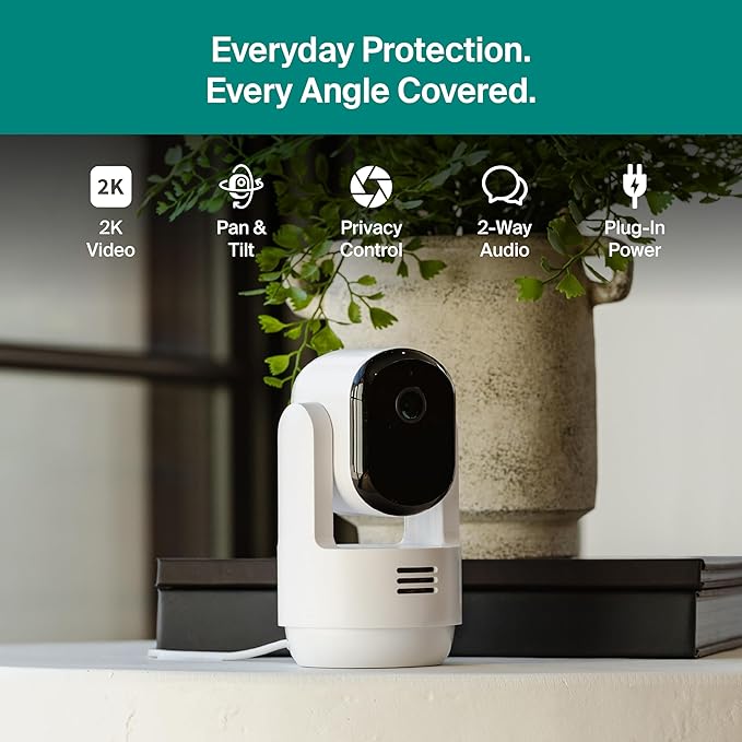 Arlo Essential Indoor Pan Tilt Security Camera 2K (2025 Release) - Wired Plug-in Power, Person Recognition, Animal Detection, Animated Preview, 1-Month Secure Plan, Auto Motion Tracking, 1 Cam, White