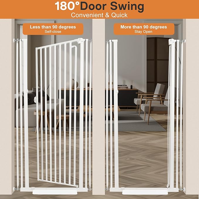 71“ Extra Tall Cat Gate for Doorway: 33.4-37.4” Wide Pet Gate, Auto Close/One Handed Open, 1.34” Extra Small Gap, No Drill Pressure Mount Tall Cat Gate for Interior Stairs/Kitchens/Hallways (White)