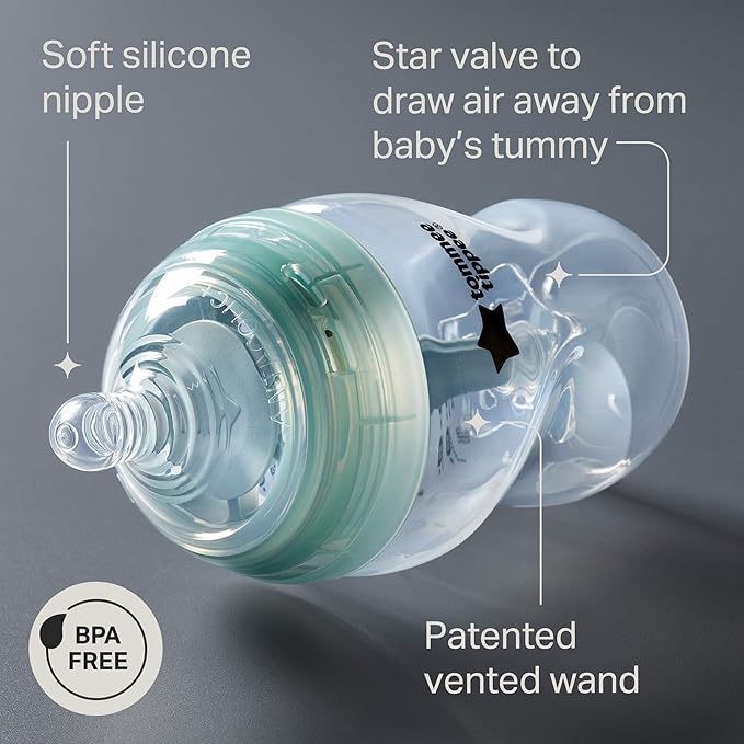 Tommee Tippee Advanced Anti-Colic 5 oz BPA Free Baby Bottles, Newborn 0+ Months, Slow Flow Breast-Like Nipple, Unique Design Keeps Air Away from Milk and Baby, Clear, Pack of 4