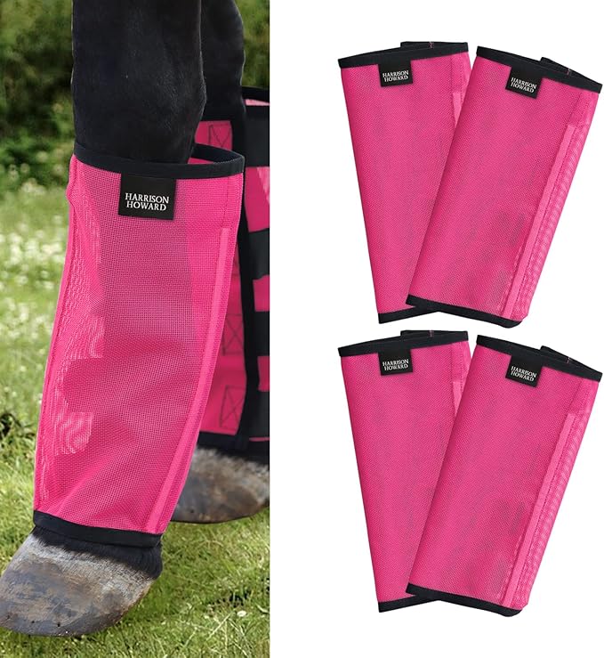 Harrison Howard Loose Fitting Fly Boots UV-Protective Extra Tough Mesh Ventilated Four Fasteners Stay-on Design Protect Horse Legs & Stomp-Reducing Set of 4 Magenta Mini