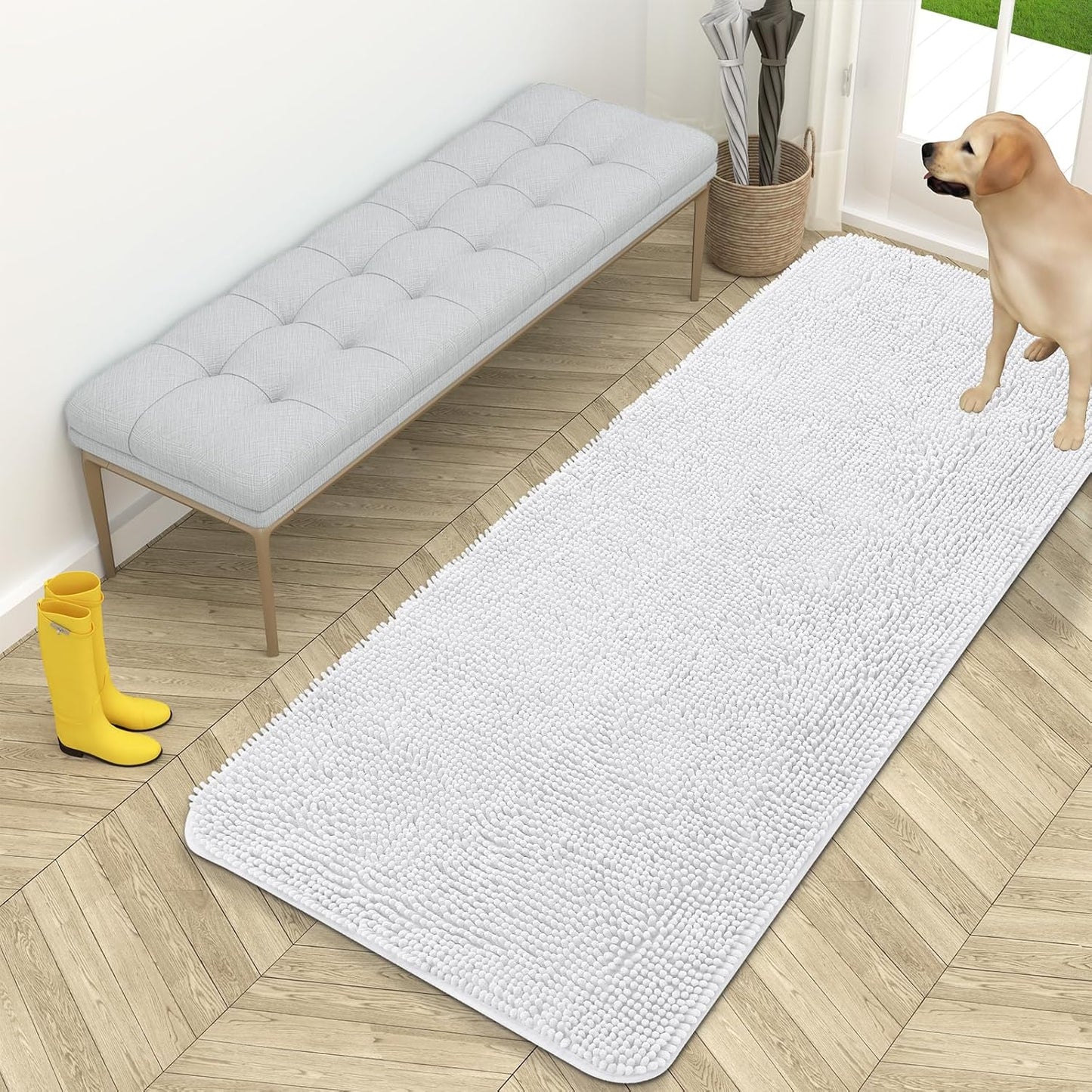 OLANLY Dog Door Mat for Muddy Paws 59x24, Absorbs Moisture and Dirt, Absorbent Non-Slip Washable Doormat, Quick Dry Chenille Mud Mat for Dogs, Entry Indoor Entryway Carpet for Inside Floor, White