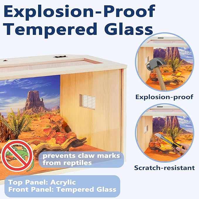 PROLEE Tempered Glass Bearded Dragon Tank,Wooden Reptile Tank and Lizard Tank, Large Bearded Dragon Enclosure with Built-in Lamp Fixture, Snake Tank (Wooden-Topped roof, 48inch,80 Gallons)