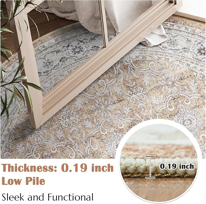 jinchan Round Rug 5ft Washable Circle Soft Rug - Low Pile Vintage 5'Round Indoor Orange Floral Print Stain Resistant Boho Carpet Ultra-Thin Non-Slip for Entryway Nursery Bedroom Dining Room Kitchen