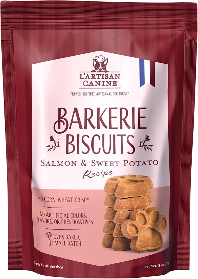 L'artisan Canine Barkerie Biscuits | Crunchy Dog Treats | French Recipes | Made in the USA | 8oz (Salmon)