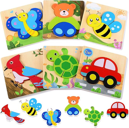 MAGIFIRE Wooden Puzzles for Toddlers 1-3 - 6-Pack Multicolor Animal & Car Puzzles - Toddler Montessori Style Toys