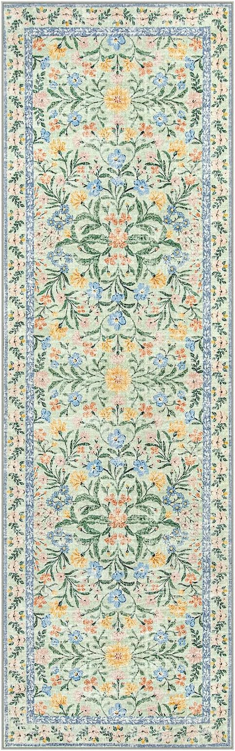Wonnitar Washable Runners for Hallways, 2'6''x8' Floral Green Runner Rug for Kitchen Bathroom, Boho 8ft Non Silp Extra Long Rugs for Entryway Bedroom Laundry