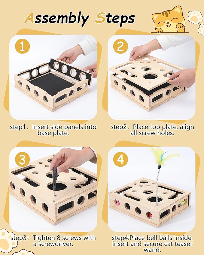 Cat Interactive Box Puzzle Toy - Cats Indoor Hunting Play Toy with 3 Jingle Balls & 1 Feather Wand, Wooden Cat Puzzle Treat Toy Box Energize Cat Instincts for Bored Cats,Eco Friendly