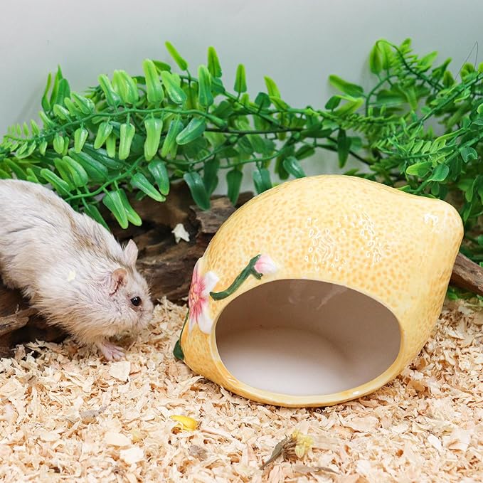 Hamster Houses and Hideouts, Ceramic Lemon Shape Hamster Hide, Small Animal Habitat Decor, Cage Accessories for Hamster, Gerbil, Gecko, Rat and Other Small Animals