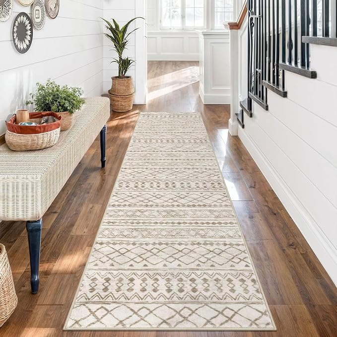 KUTA Boho Runners for Hallways 2x7 Beige Navy Blue Moroccan Washable Runner Rug