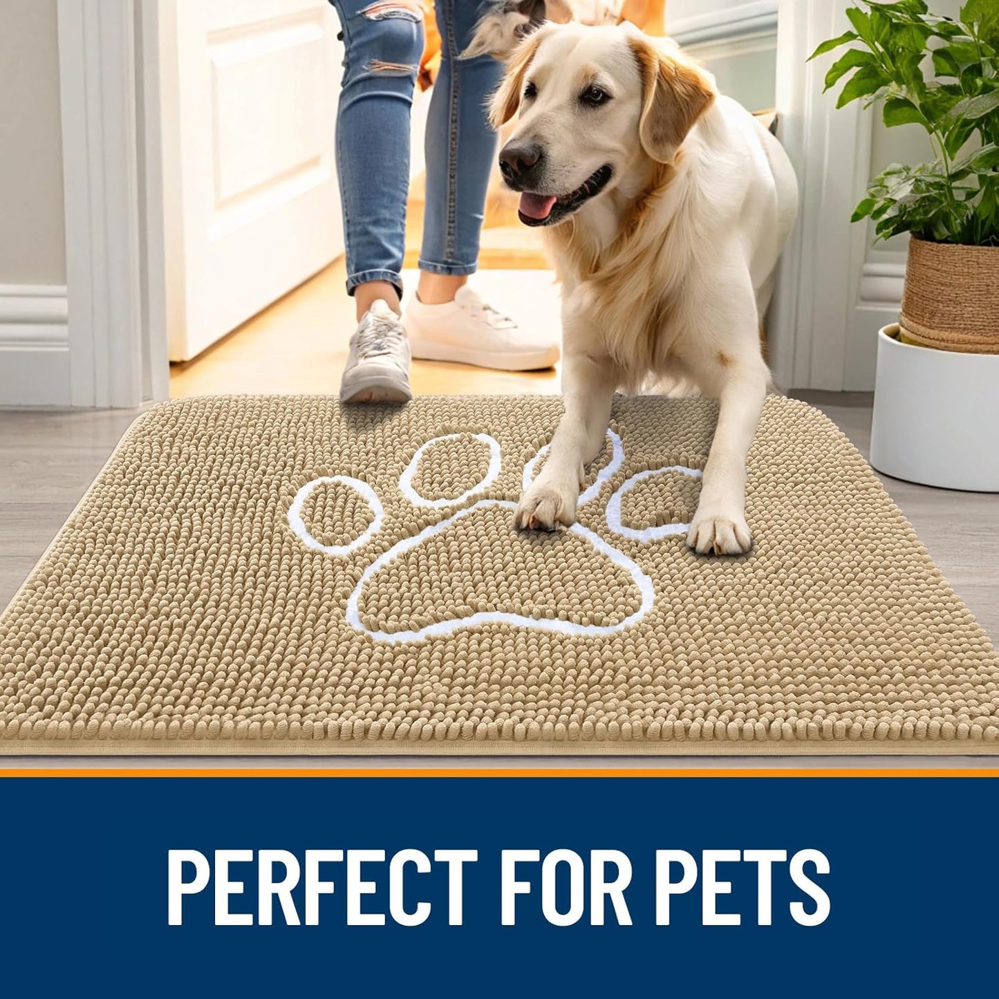 OLANLY Door Mat for Muddy Dog Paws 70x46, Ultra Absorbent Chenille Mud Doormat with Paw Print Design, Non-Slip Washable Doormat for Indoor Entryway, Quick-Dry Pet Bed Mats for Dirty Dogs, Beige