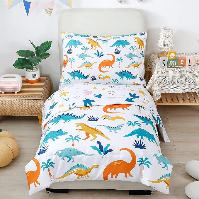 PERFEMET 4 Pieces Toddler Bedding Set Cartoon Dinosaur Print Comforter Sheet Set for Boys Microfiber Soft Toddler Comforter Set Includes Comforter, Flat Sheet, Fitted Sheet and Pillowcase, Colorful