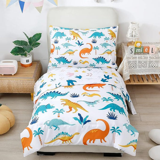 PERFEMET 4 Pieces Toddler Bedding Set Cartoon Dinosaur Print Comforter Sheet Set for Boys Microfiber Soft Toddler Comforter Set Includes Comforter, Flat Sheet, Fitted Sheet and Pillowcase, Colorful