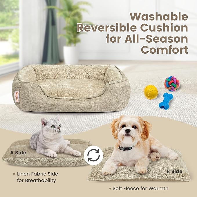 Miguel Faux Linen Dog Bed with Removable Cushion Pillow for Medium Small Dogs, Washable Pet Bed with Side Easy to Wash Puppy Bed, Rectangle Cat Bed for Indoor Cat with Anti-Slip Bottom, Beige 25 Inch