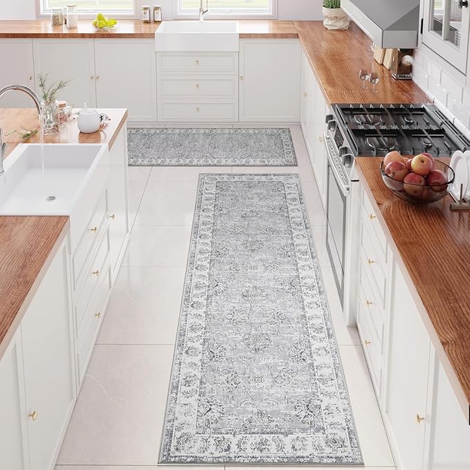 jinchan Runner Rug 3x10-2pcs Kitchen Washable Vintage Hallway Rug Floral Print Floor Cover Indoor Thin Retro Mat Accent for Bathroom Laundry Room Bedroom Office Farmhouse (Double,Grey)