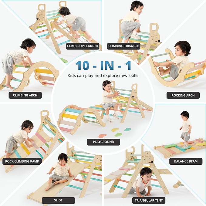 BlueWood 10-in-1 Pikler Triangle Set, Toddler Climbing Toys Indoor, Montessori Climber, Baby Jungle Gyms with Arch, Extra Rope Ladder & Footprint Balance Beam - Rose Garden