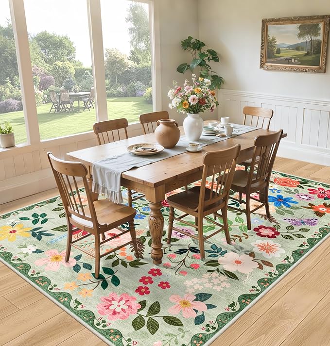 Area Rug Living Room Rugs: Floral 5x7 Washable Rug Vintage Soft Boho Non-Slip Carpet Indoor Stain Resistant Large Carpets for Bedroom Dining Room Farmhouse Nursery Hallway Home Office Green